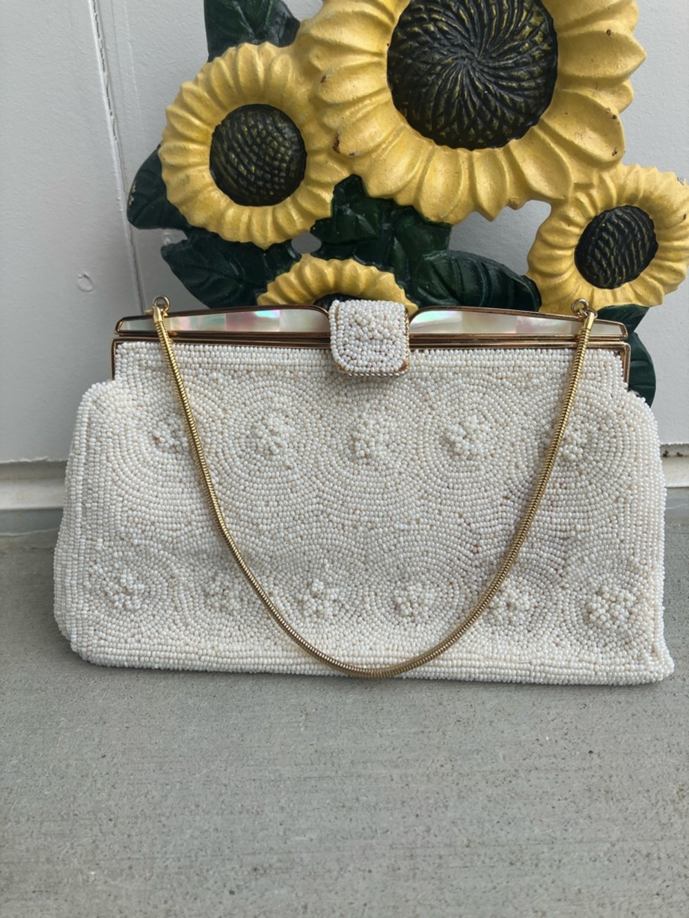 Vintage 50s 60s Cream White and Gold Allover Beaded Convertible Purse or Clutch